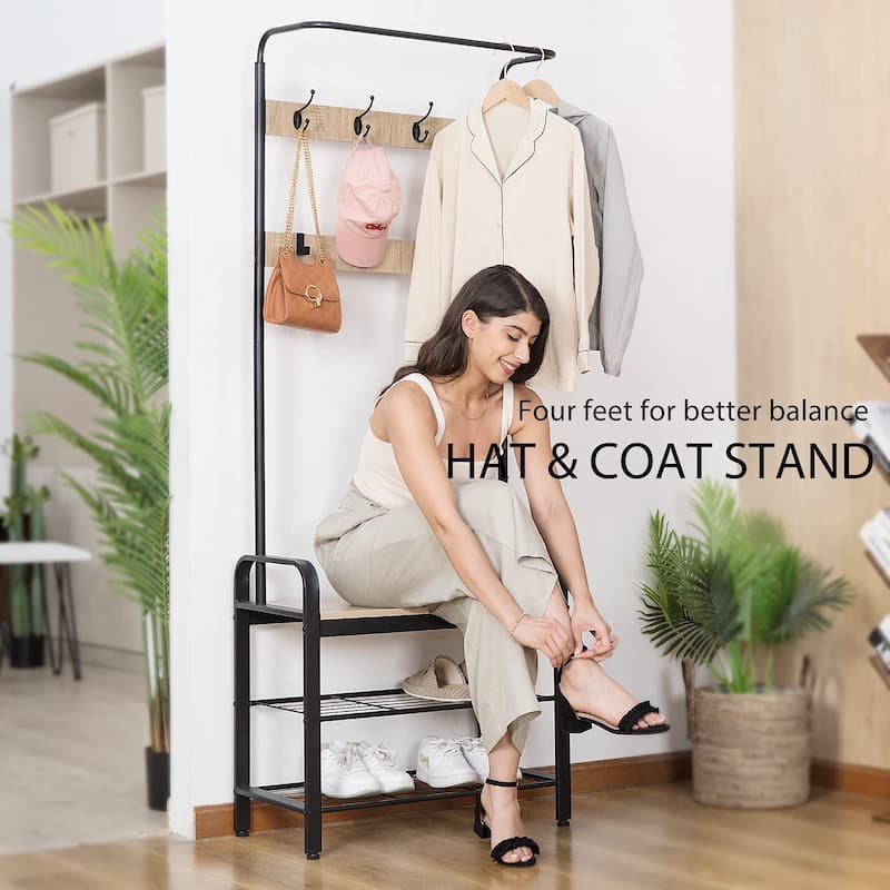 3-in-1 Entryway Hall Tree, Heavy Duty MDF Stand Coat Rack with Storage Bench, Industrial Wood Furniture with Stable Metal Frame - Brown