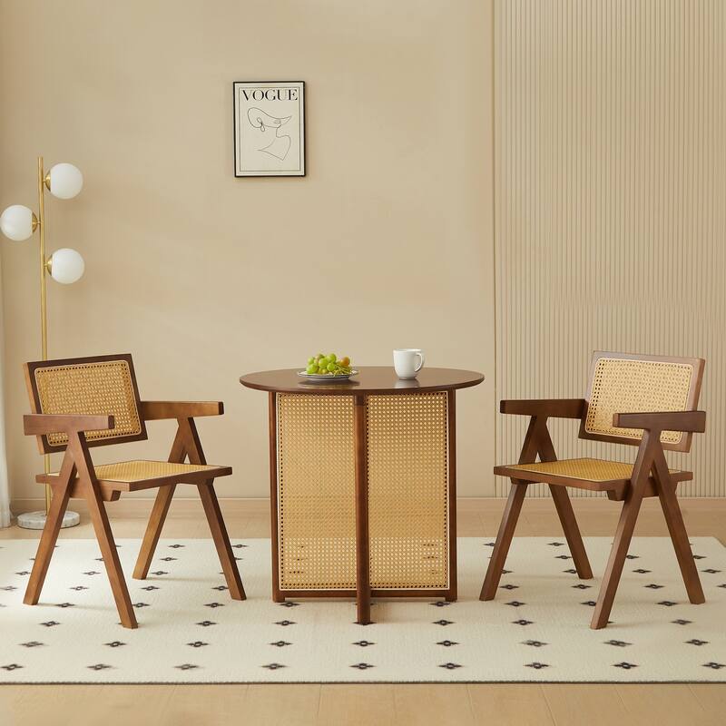 2 Piece Rattan Solid Wood Kitchen Dining Chair with Cushions, Backrests, Armrests for Dining Room Kitchen Living Room Bedroom