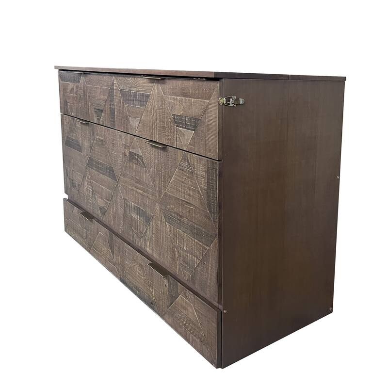 Queen Size Foldable Murphy Cabinet Bed with Geometric Wood Design, Built-In USB Charging Ports & Extra-Large Storage Drawer