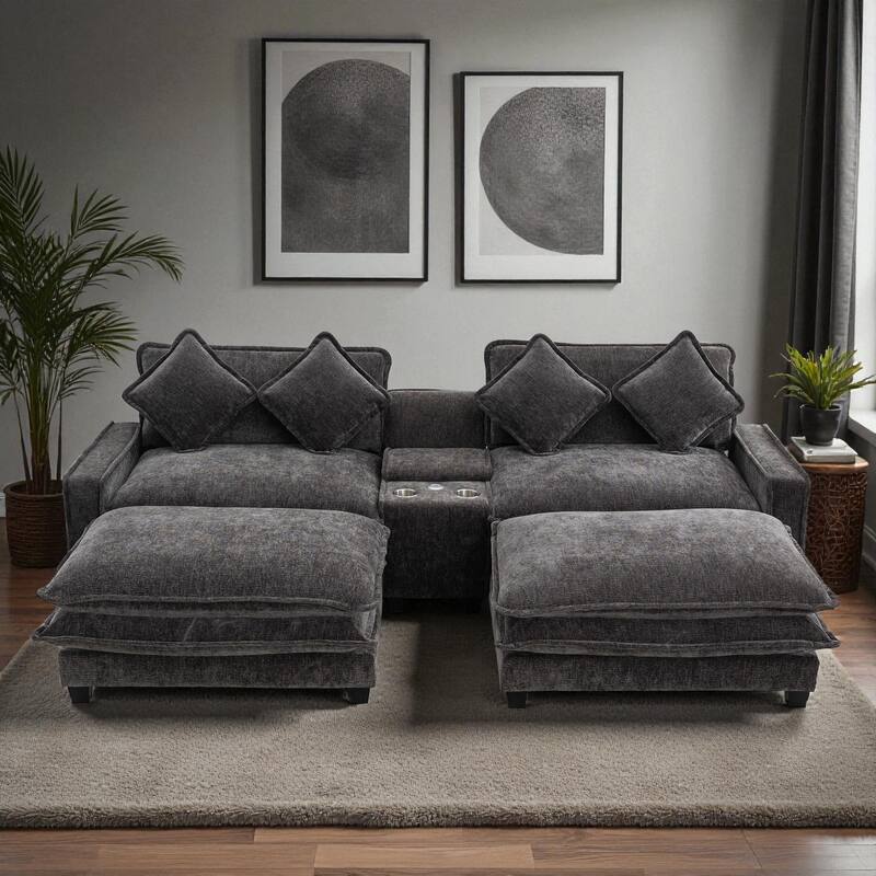 111" Chenille Upholstered Sectional Sofa with 2 Ottomans, USB Ports, Cup Holders and Storage Box for Living Room - Grey