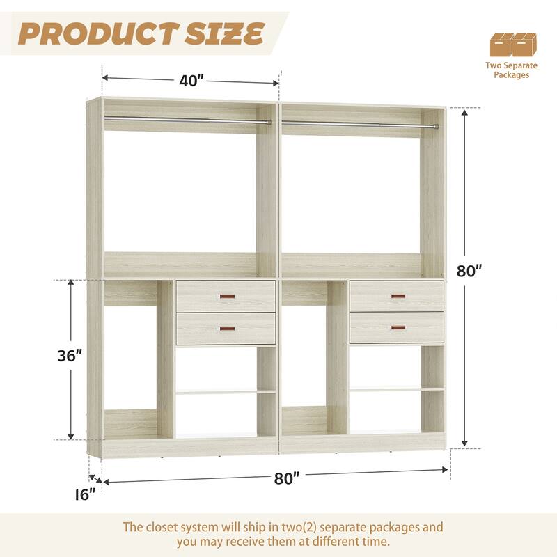 40'' Large Closet System with Shelves and 2 Drawers, Freestanding Closet Organizer with Hanging Rods