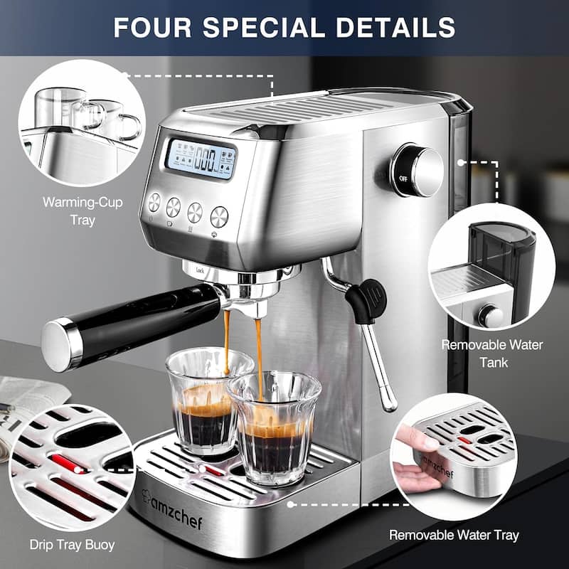 AMZCHEF Espresso Machines 20 Bar, Espresso Maker with Milk Frother & LCD Panel,Compact Cappuccino Machines for Home Gifts