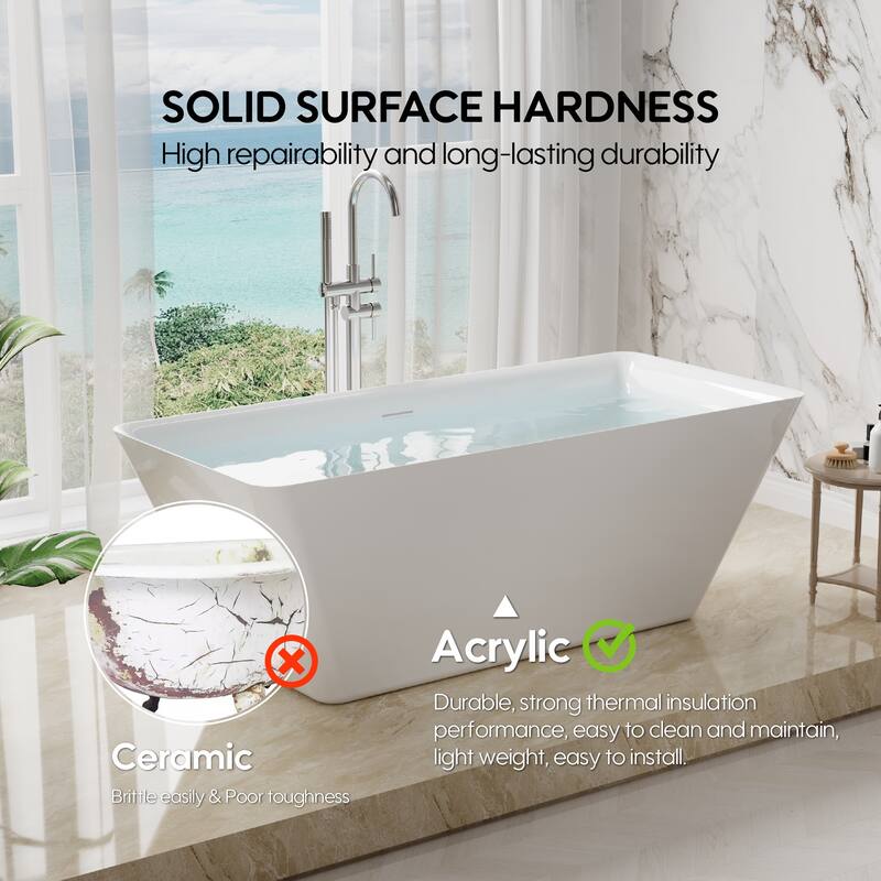 Freestanding Soaking Bathtub, 100% Pure Virgin Acrylic with Drain And Overflow,Glossy White