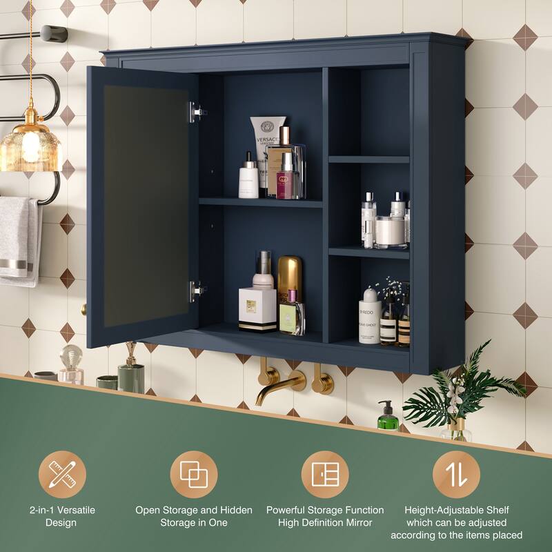GDFStudio - Riggs Modern Wall-Mounted Bathroom Storage Cabinet with Mirror and Open Shelves (Not Include Bathroom Vanity)
