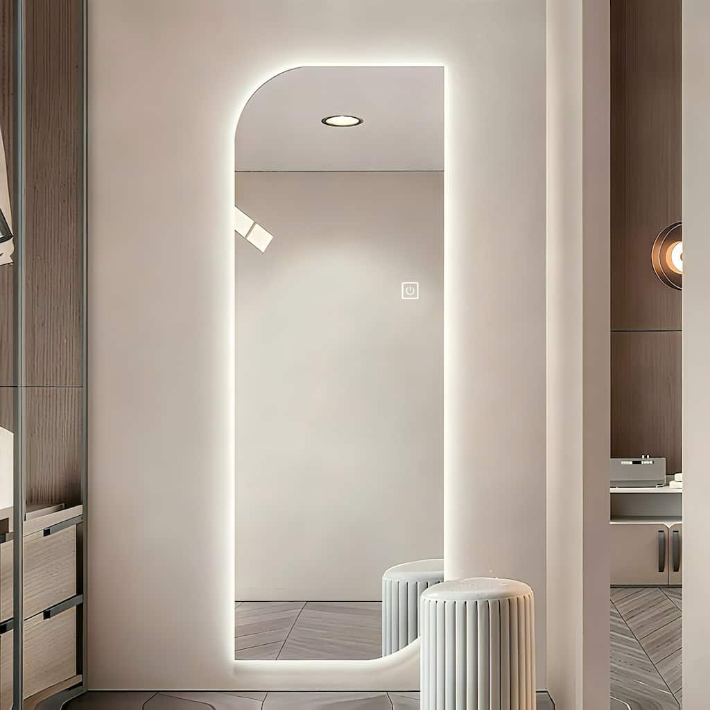 65" x 21"LED Full Length Wall Mirror,Irregular Shape Design,3-Color Dimmable Lighting,5mm Copper-Free Silver Glass