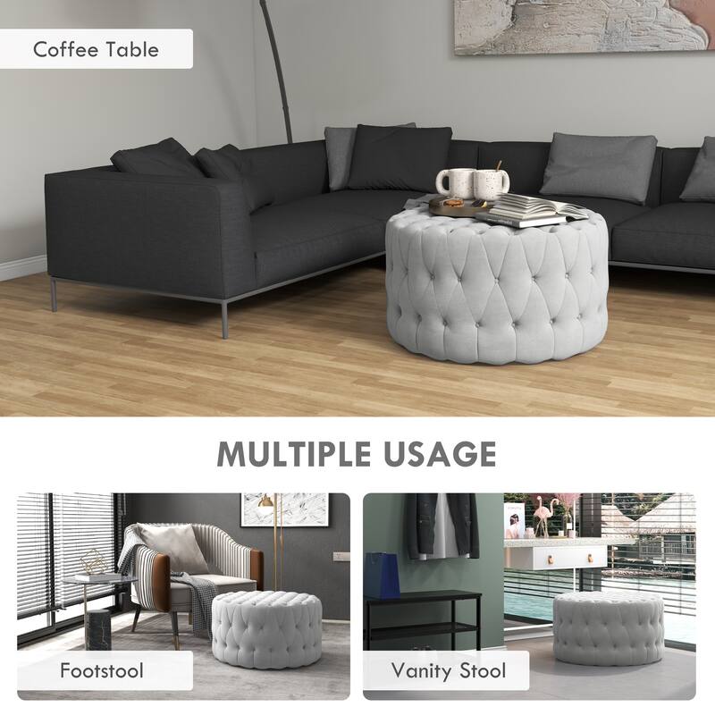 Button Tufted Ottoman Foot Stool with Velvet-feel Upholstery, Gray