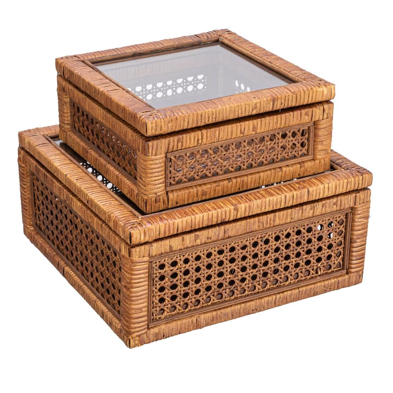 Woven Wood and Rattan Display Boxes with Glass Lids