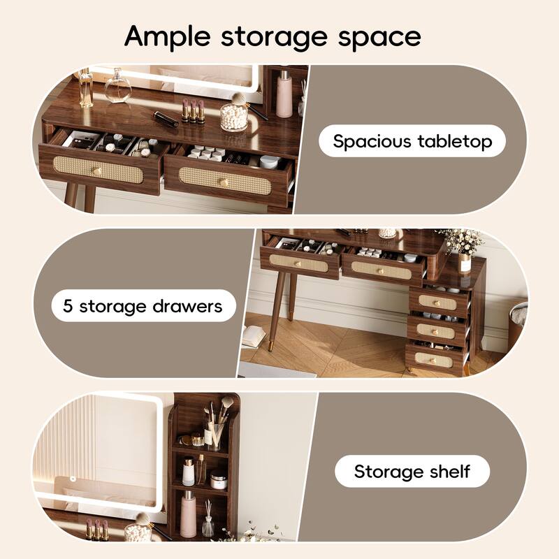 Retro Rattan Makeup Vanity Desk with 5 Drawers and Storage Shelf, Dressing Table with Rectangular Mirror and Touch Light