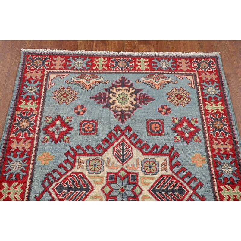 Geometric Blue Kazak Oriental Accent Rug Handmade Wool Carpet - 3'6" x 5'0"