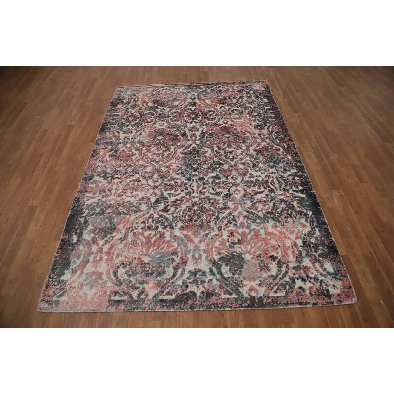 Hand Knotted Oriental Viscose Silk Carpet Modern All-Over Coral Abstract Area Rug - 8' 1'' X 5' 7''