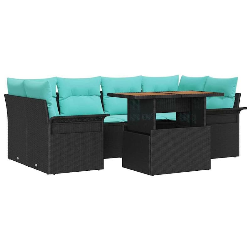 vidaXL 7 Piece Garden Sofa Set with Cushions Black Poly Rattan - 92.1×52.2×27.2
