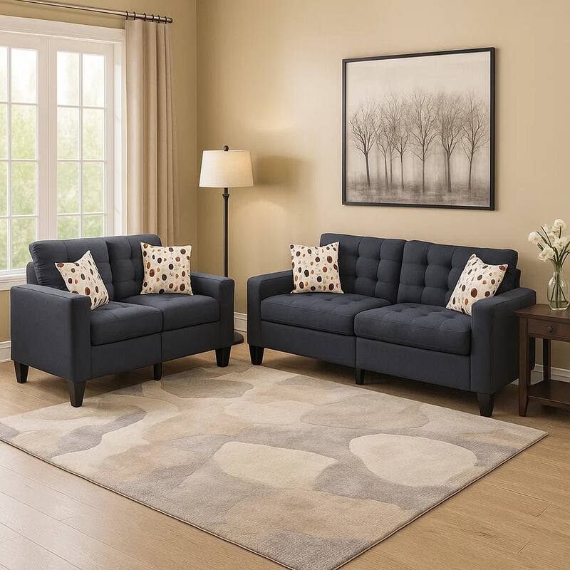 Linen Fabric 2 Pieces Sofa Set In Dark Gray