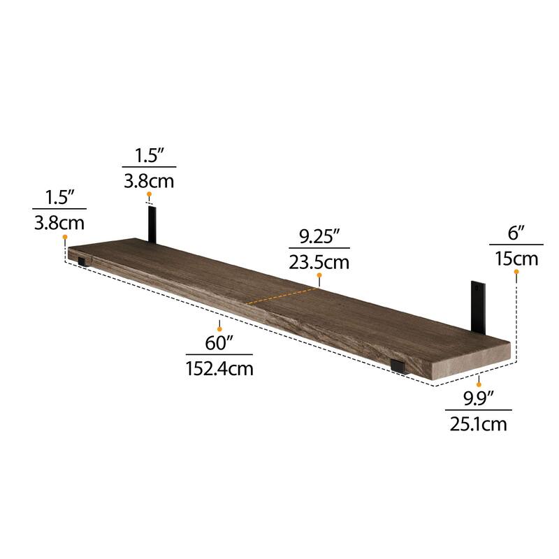 Wallniture Forte Wood Board 60" Long, 9.25'' Deep, 1.5" Thick, Floating Shelf for Wall, Living Room Shelf, Rustic, Dark Walnut