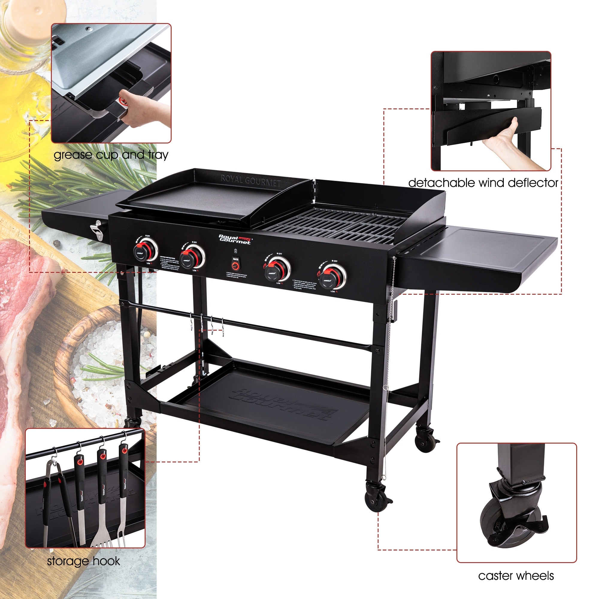 Royal Gourmet 4-Burner Grill Griddle Combo Propane Gas Portable Tabletop BBQ