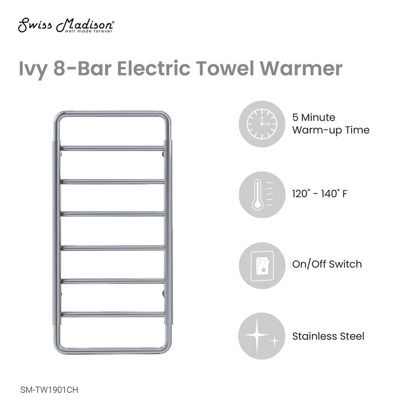 Ivy 8-Bar Electric Towel Warmer In Chrome - 19.69" x 40.94" x 4.45"