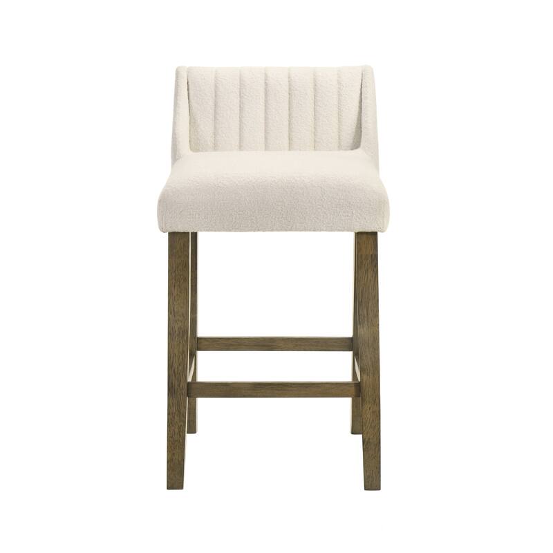 Fauna Low-Back Boucle Bar Stool, Upholstered Counter Height Kitchen Barstool with Wood Legs