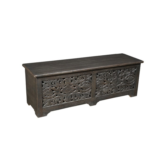 HomeRoots 52" Black Distressed Solid Wood Carved Floral Storage Ottoman