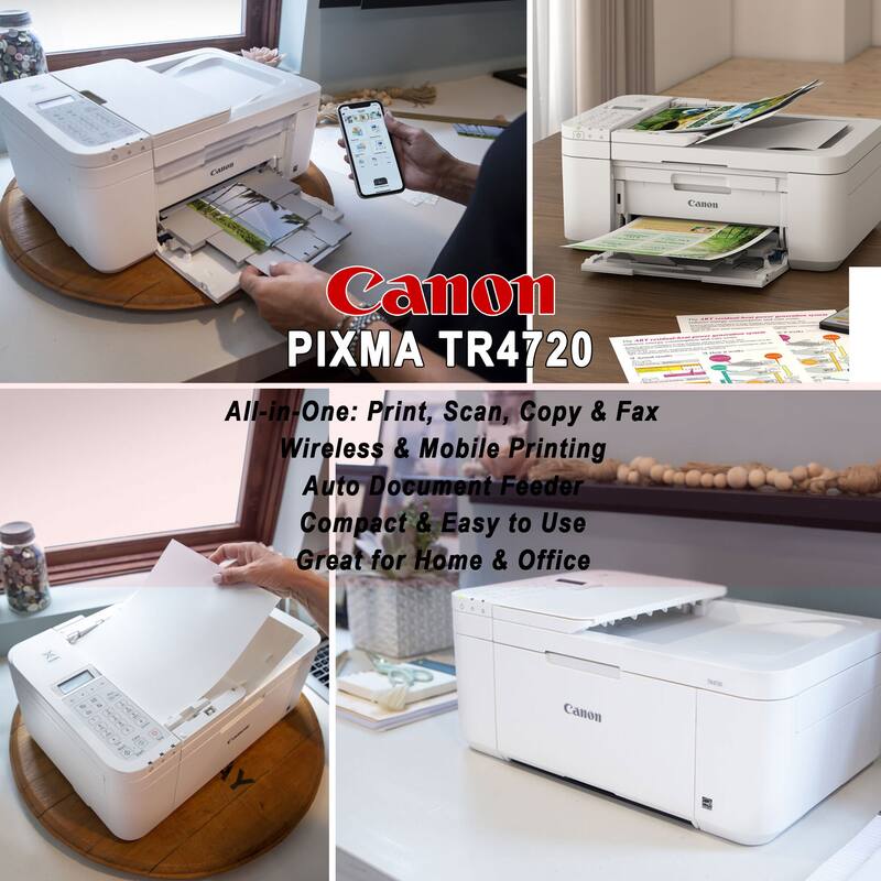 Canon PIXMA TR4720 Wireless All-in-One Printer (White) + USB Cable + Printer Essentials Digital Download Card for PC - White
