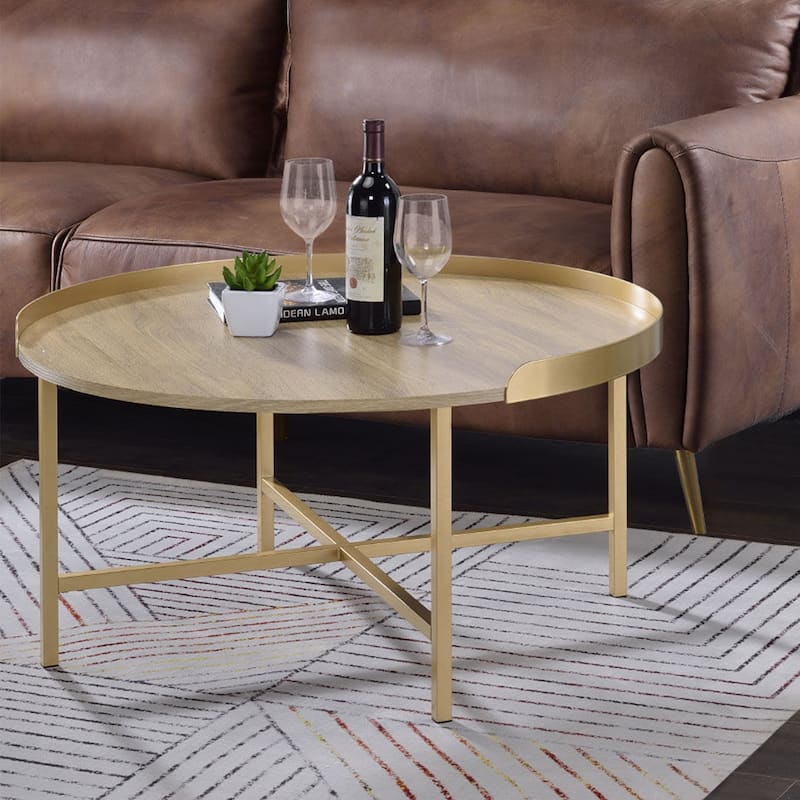Tray Style Top Round Coffee Table, Oak and Gold