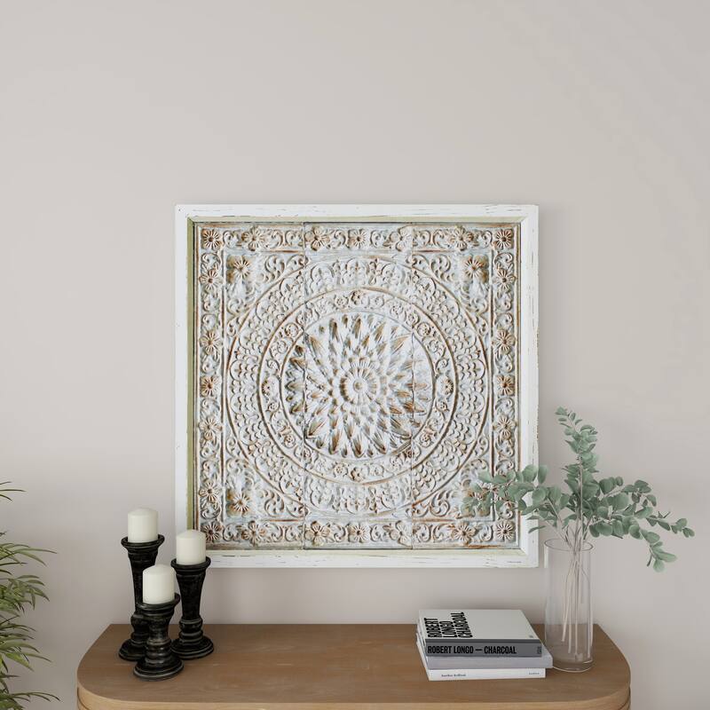 Brown Metal Embossed Mandala Scroll Floral Home Wall Decor with Gray Backing and White Wood Frame