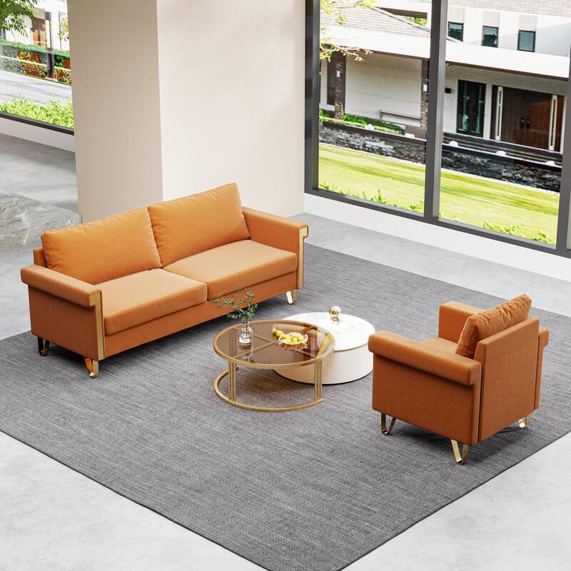 Mid-Century Velvet 3-Seater Sofa Chair Set with Gold Legs