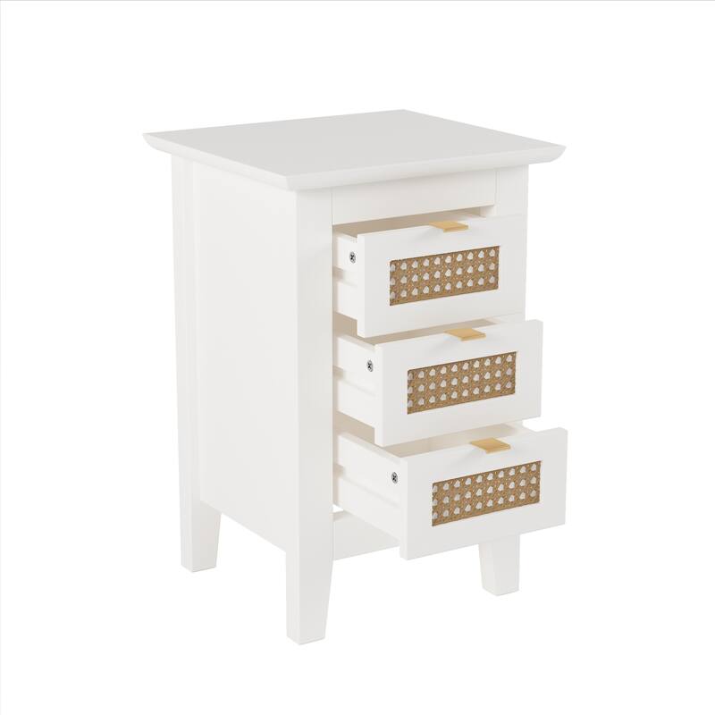 Wooden Nightstands Set of 2 with Rattan-Woven and 3 Drawers Nightstand,for Bedroom Golden Handle Small Side Table
