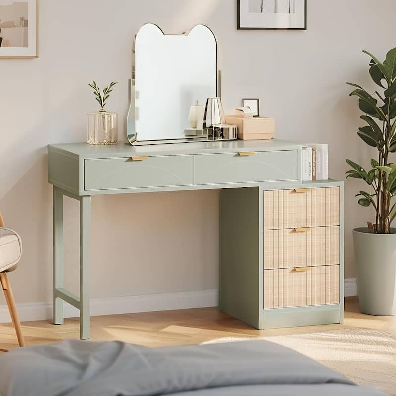 Reversible Wood Computer Desk with 5 Drawers, Small Writing Desk Study Corner Table Workstation for Home Office, Small Spaces