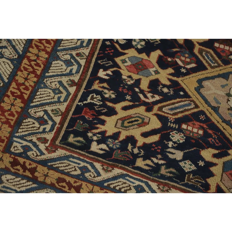 Hand Knotted Oriental 100% Wool Carpet Traditional Geometric Navy Blue & Blues Kazak Area Rug - 10' 9'' X 4' 10''
