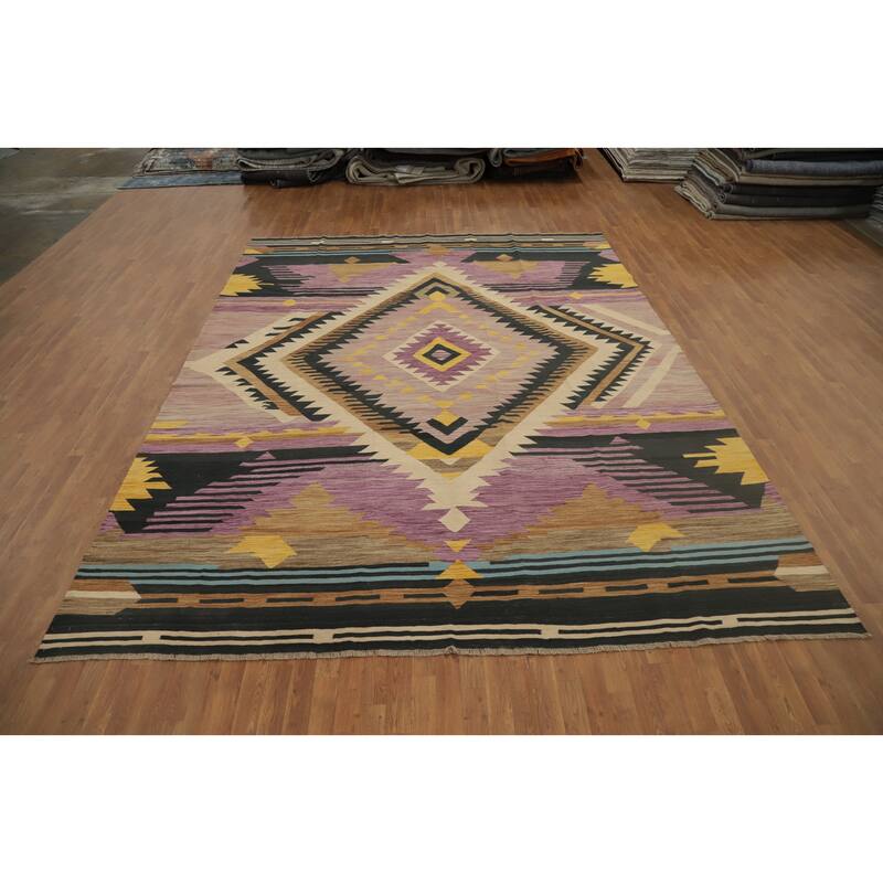 Hand Woven Oriental 100% Wool Carpet Southwestern Medallion Purples Kilim Area Rug - 12' 9'' X 10' 0''