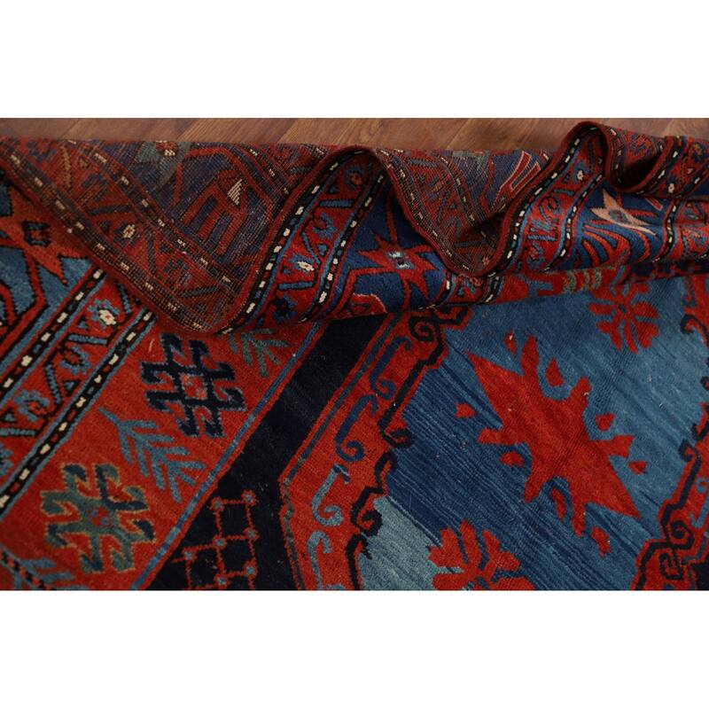 Orange & Blue Kazak Vegetable Dye Vintage Rug Hand-Knotted Wool Carpet - 5'4" x 8'1"