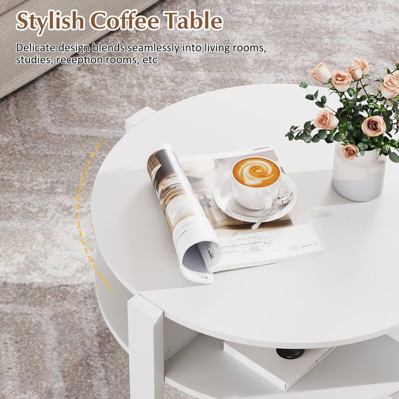 Gymax 29.5'' 2-Tier Round Coffee Table w/ Storage 4 Shelves Faux