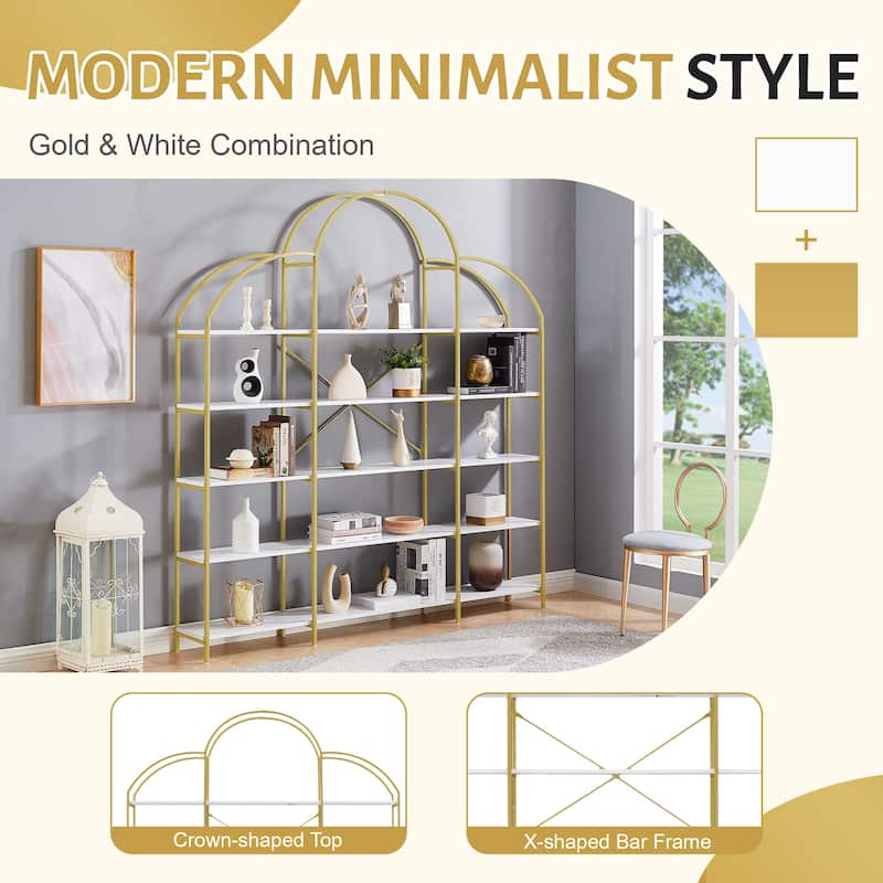 74.8 Inch 5 Tiers Office Bookcase Bookshelf, Display Shelf with Round Top, X Bar Gold Frame
