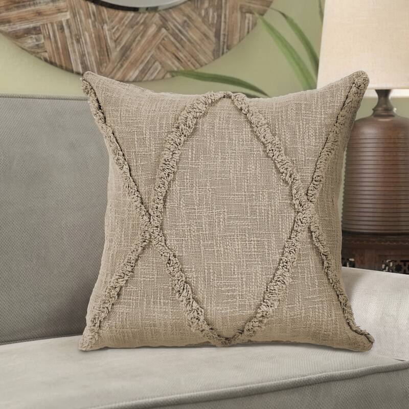 20" Taupe Hand Woven Diamond Tufted Square Throw Pillow