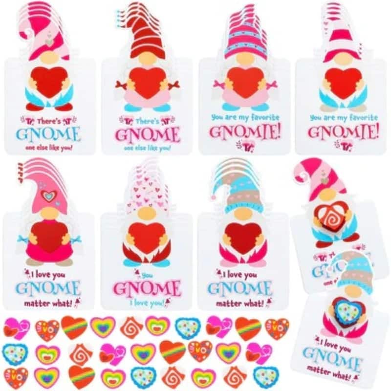 28 Packs Gnomes Heart Kids Valentines Cards with Erasers for Kids' Valentine's Classroom Exchanges and Party Favors. - Multi