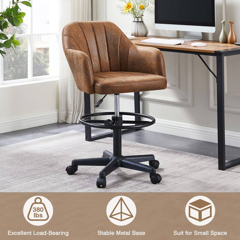 VECELO 2-Piece Adjustable Height Office Chair Brown PU Leather with Vertical Stripes 360° Rotation with Circular Footrest