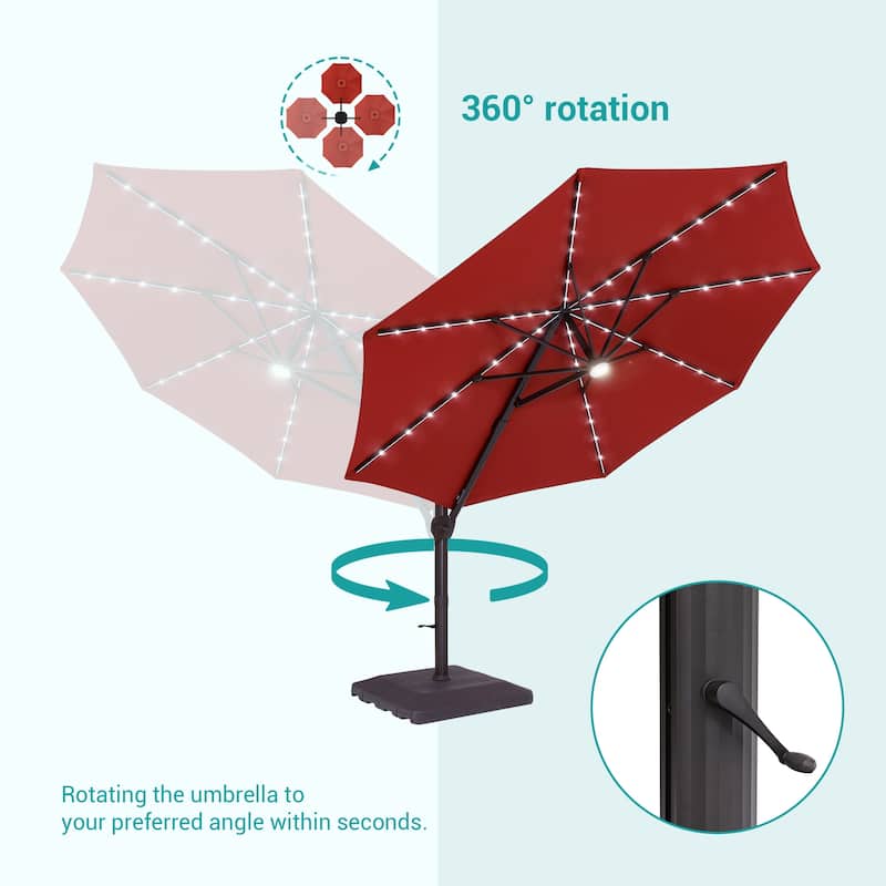 Bonosuki 11Ft Aluminum LED Cantilever Patio Umbrella with Base for Patio Deck Garden
