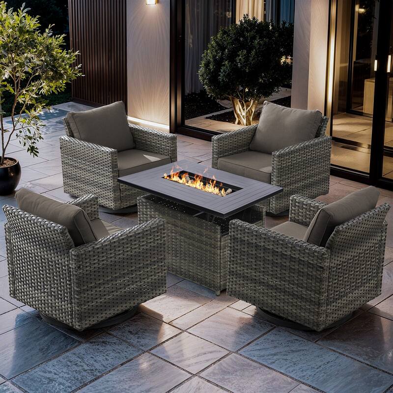 Outdoor Grey Wicker Fire Pit Table with 4 Swivel Chairs - Grey Cushion - 4PCS Grey Wicker Chairs w/ Grey Wicker Fire Table