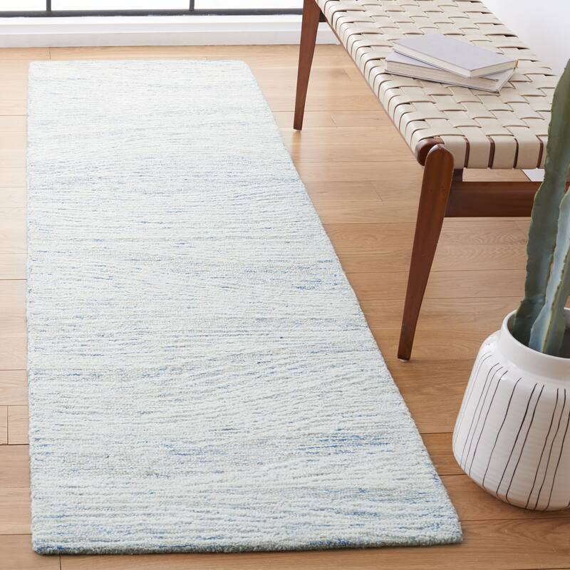 SAFAVIEH Handmade Metro Fetnete Modern Abstract Wool Rug - 2'3" x 8' Runner - Light Blue/Ivory