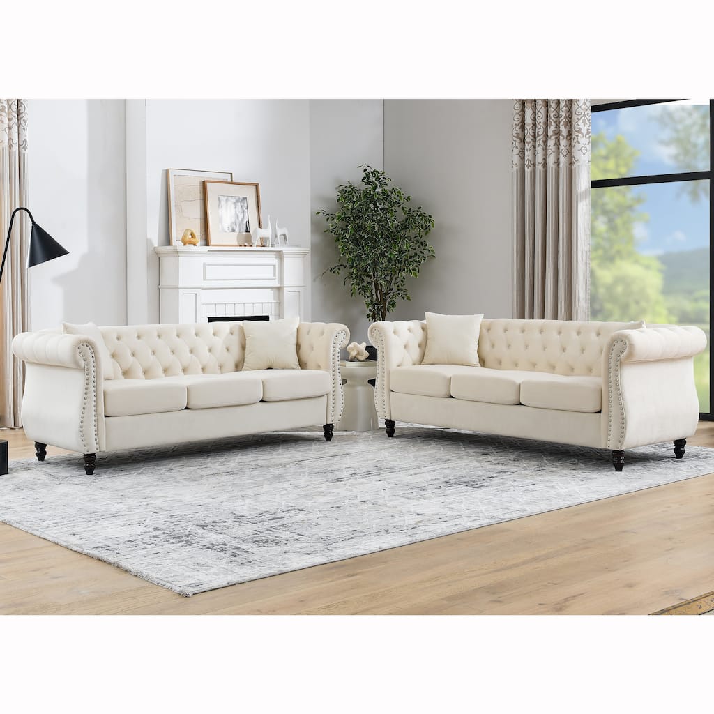 80" Chesterfield Velvet 3-Seater Sofa with Rolled Arms and Nailhead Detail, Ideal for Living Room, Office