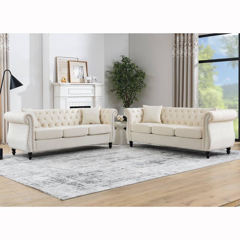 Velvet Chesterfield Sofa Set with Nailhead Trim, Tufted Low Back, and