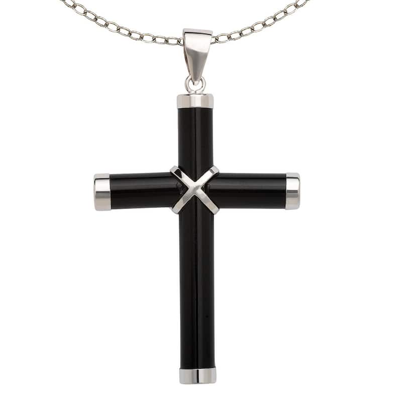 Curata 925 Sterling Silver 18"Jaade, Onyx or Tigers Eye Cross Pendant Necklace - 25mm x 35mm - 25mmx35mm - Black Onyx