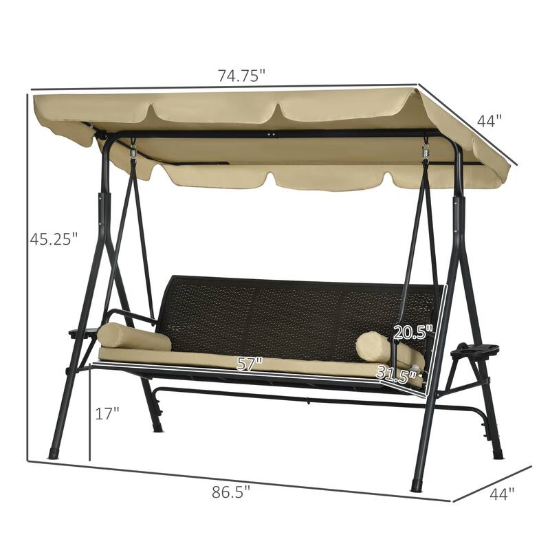 86.50 in. 3-Person Beige Metal Outdoor Patio Swing with Removable Cushion