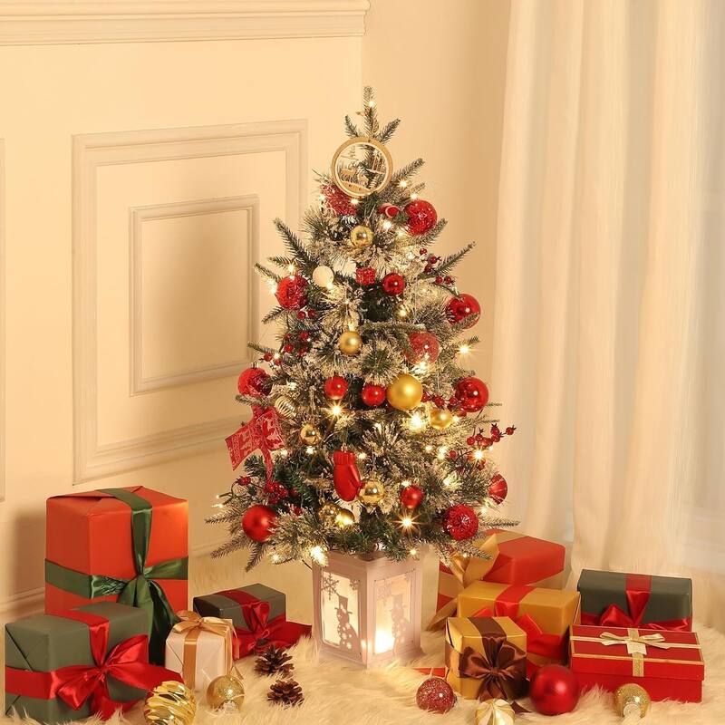 3 Ft Artificial Christmas Trees with Lighting Elk/ Snowman Base - 3FT