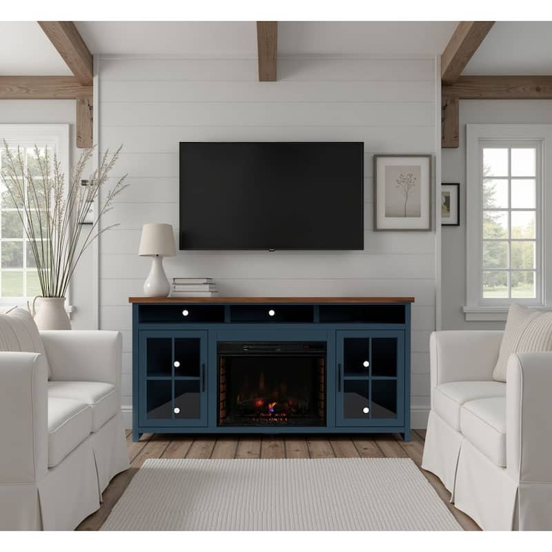 Bridgevine Home 74 inch Fireplace TV Stand Console for TVs up to 85 inches - Blue Denim and Whiskey