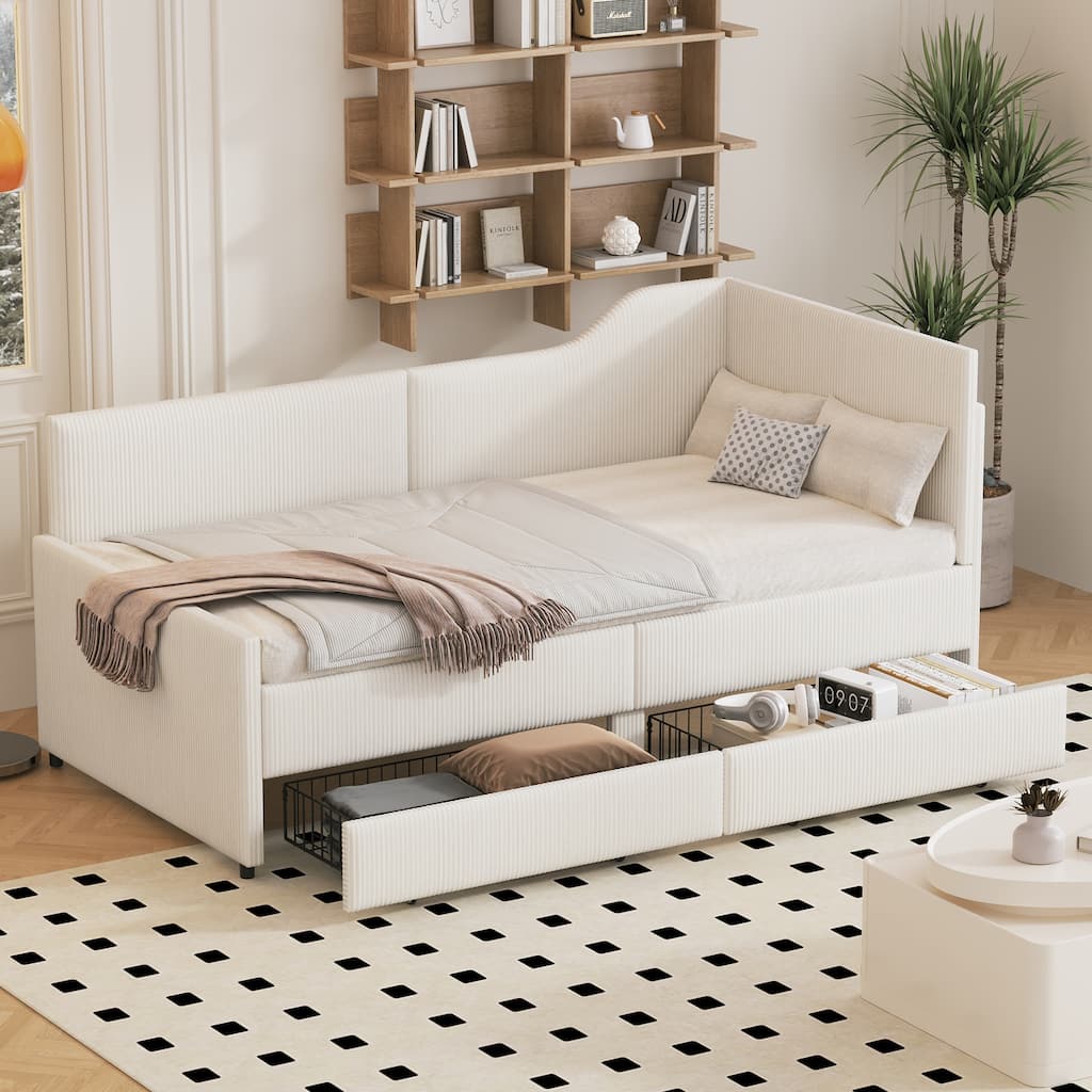 L-Shaped Twin Daybed with Storage Drawers, Corduroy Upholstery, Beige