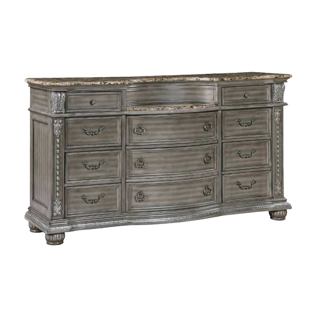 Toga 69 Inch Dresser with 11 Drawers, Gray Acacia Wood, Carved Details