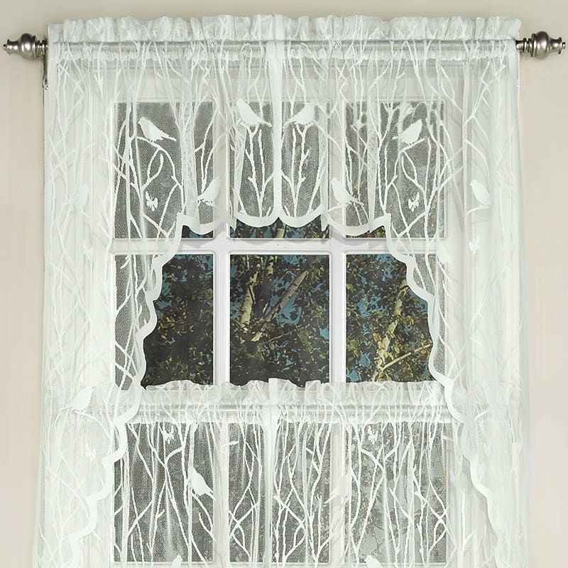 Ivory Knit Lace Bird Motif Window Treatments