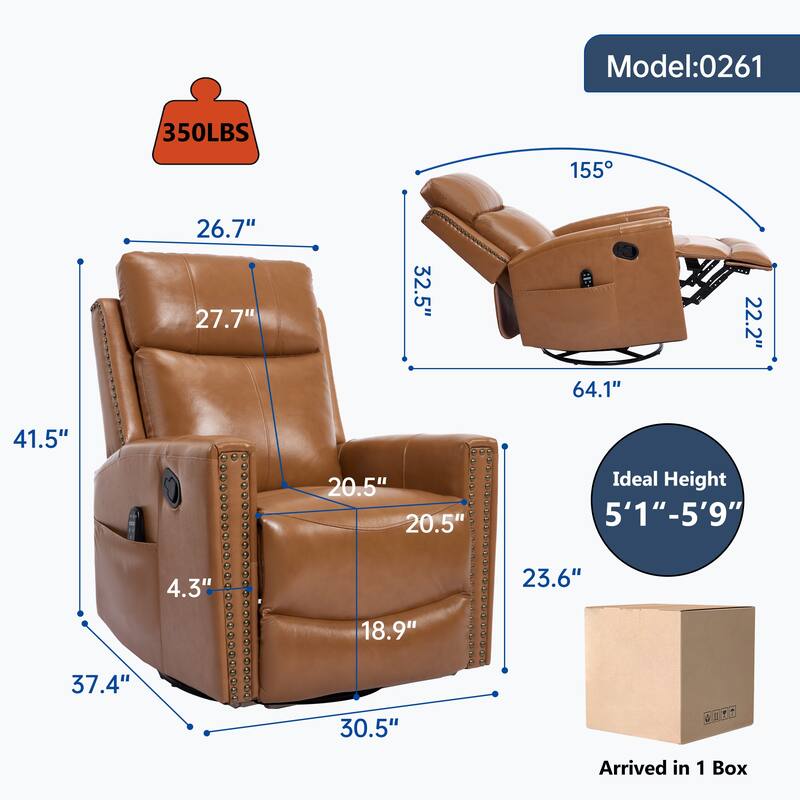 One Piece Genuine Leather Recliner Chair with Massage Heat Rocker and Swivel