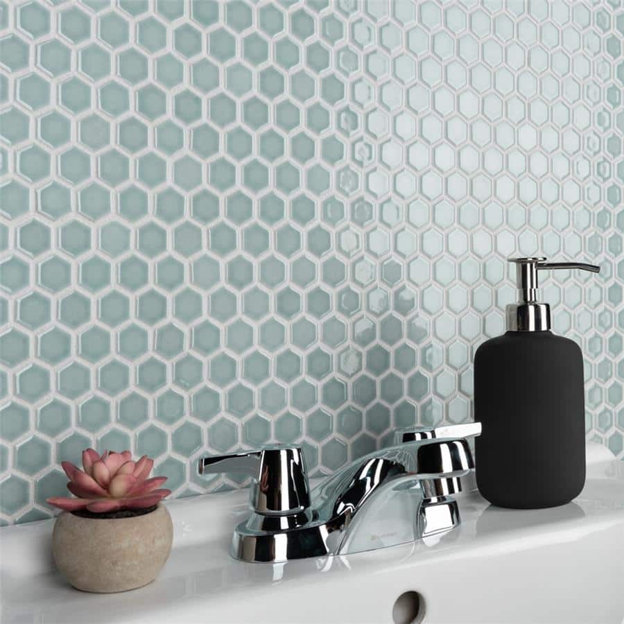 Merola Tile Tribeca 1" Hex Glossy Mist 10-1/4" x 11-7/8" Porcelain Floor and Wall Tile
