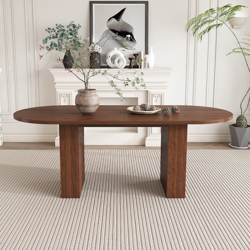 62.9" Oval Dining Table for 6: Farmhouse Kitchen Table with Wood Strip Base, Large Pedestal Dining Room Table - Walnut